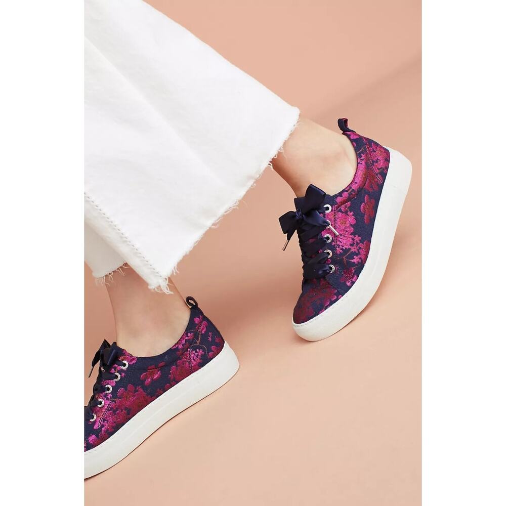 J/Slides JSlides Floral Brocade Sneakers Navy & Fuschia Pink Lace Up Size 10 - Picture 2 of 10